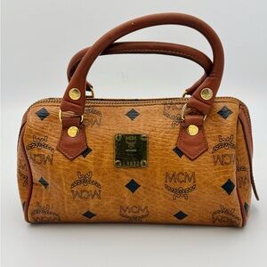 MCM Tan Leather Small Boston Bag in Visetos